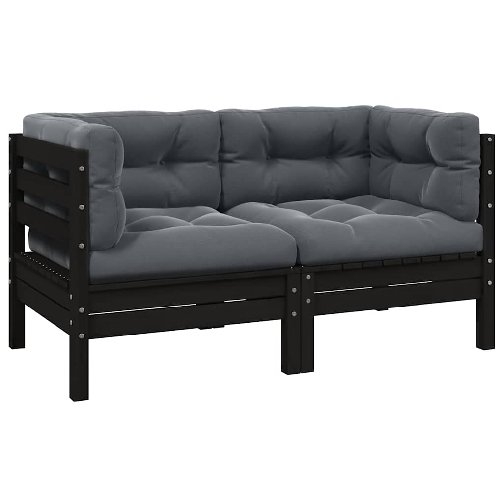 vidaXL 2-osobowa sofa ogrodowa z poduszkami, czarna, drewno sosnowe