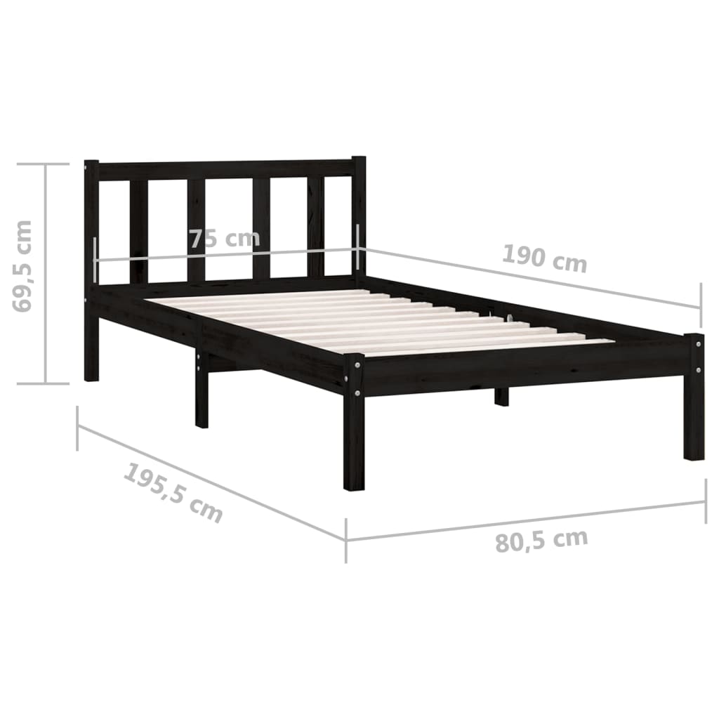 vidaXL Rama łóżka, czarna, lite drewno sosnowe, 75x190 cm, pojedyncza