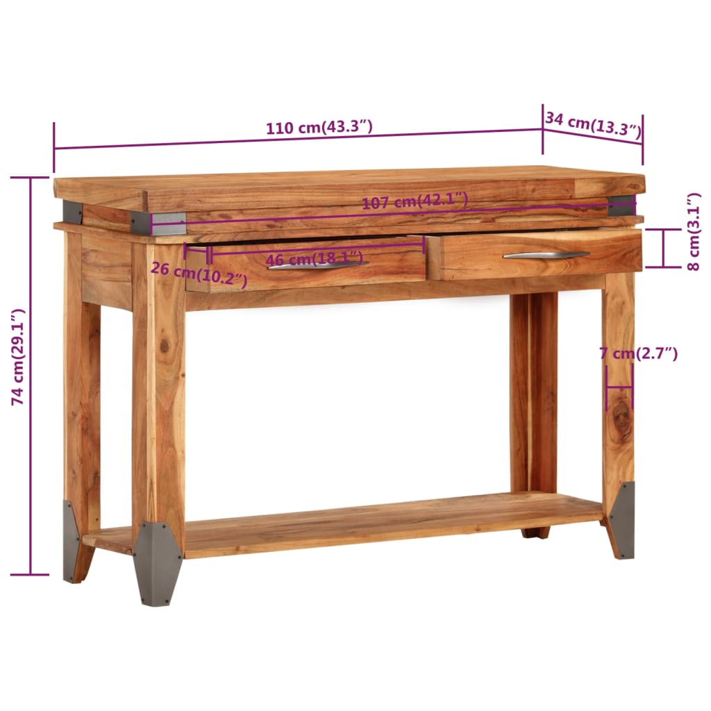 vidaXL Stolik konsolowy, 110x34x74 cm, lite drewno akacjowe