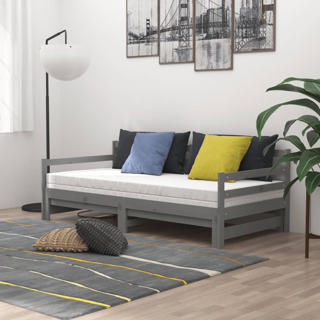 vidaXL Łóżko wysuwane, 2 x (90x200) cm, szare, lite drewno sosnowe