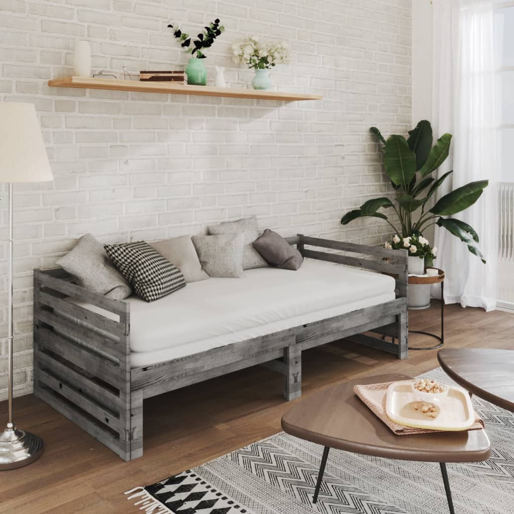 vidaXL Łóżko wysuwane, 2 x (90x200) cm, szare, lite drewno sosnowe