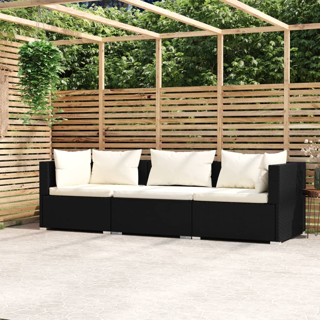 vidaXL 3-osobowa sofa z poduszkami, czarna, polirattanowa