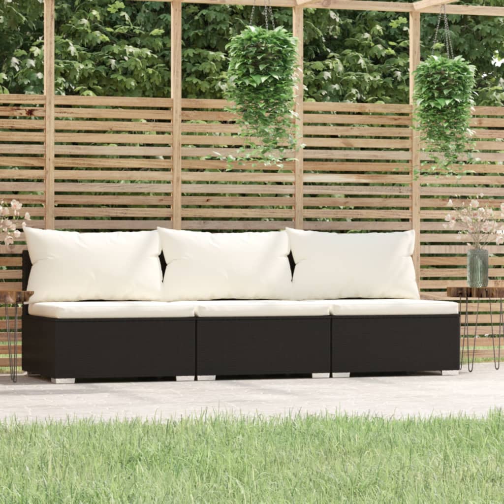 vidaXL 3-osobowa sofa z poduszkami, czarna, polirattan