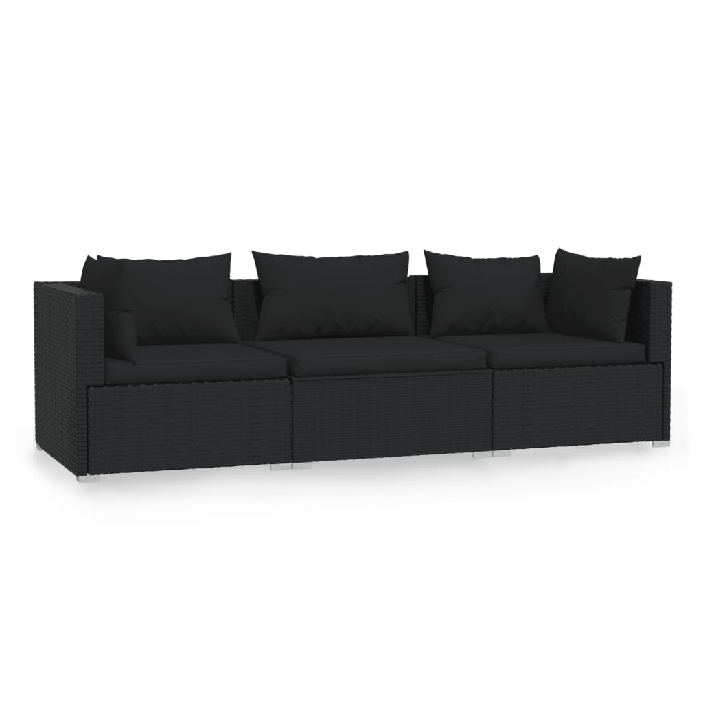 vidaXL 3-osobowa sofa z poduszkami, czarna, polirattan