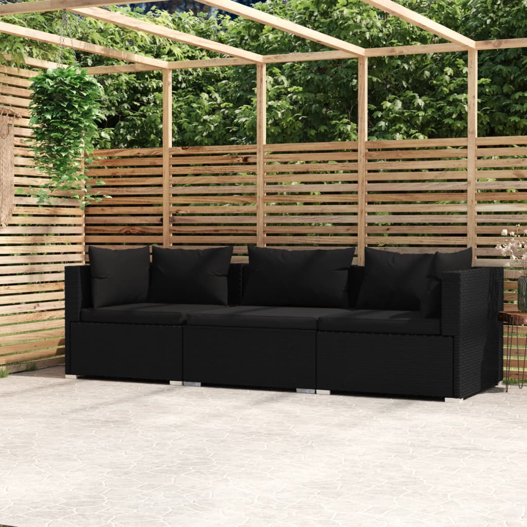 vidaXL 3-osobowa sofa z poduszkami, czarna, polirattan