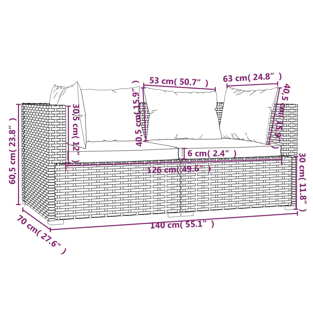 vidaXL 2-osobowa sofa ogrodowa z poduszkami, czarna, polirattan