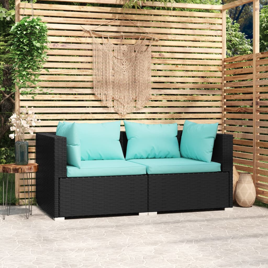 vidaXL 2-osobowa sofa ogrodowa z poduszkami, czarna, polirattan
