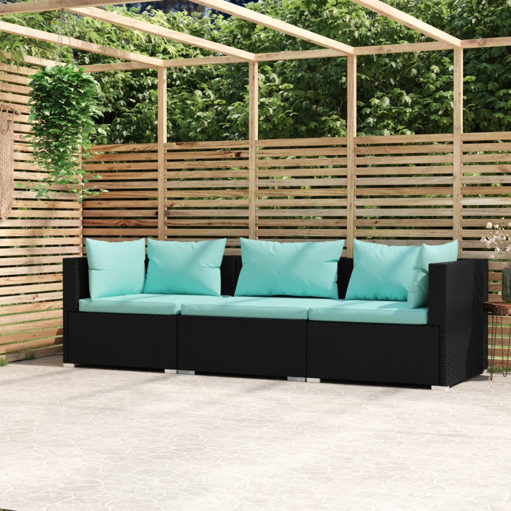 vidaXL 3-osobowa sofa ogrodowa z poduszkami, czarna, polirattan