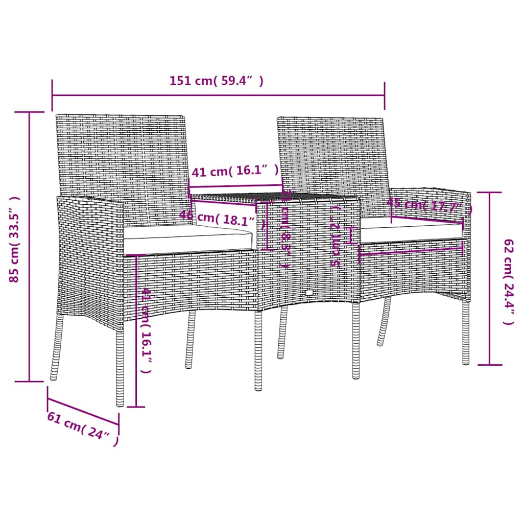 vidaXL 2-osobowa sofa ogrodowa ze stolikiem, polirattan, antracytowa