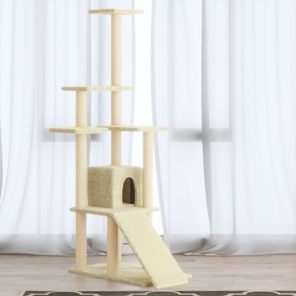 vidaXL Drapak dla kota ze słupkami sizalowymi, kremowy, 155 cm