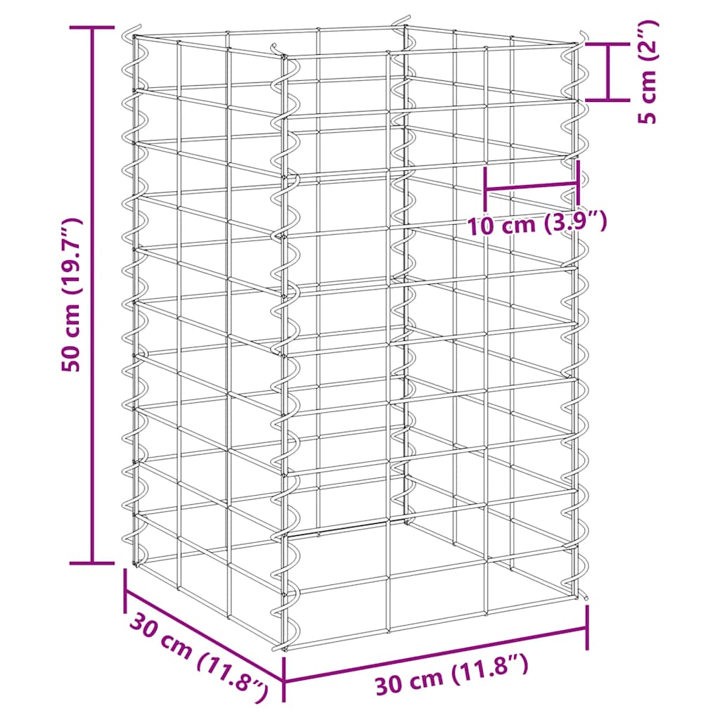 vidaXL Wysokie donice gabionowe, 3 szt., 30x30x50 cm, żelazo