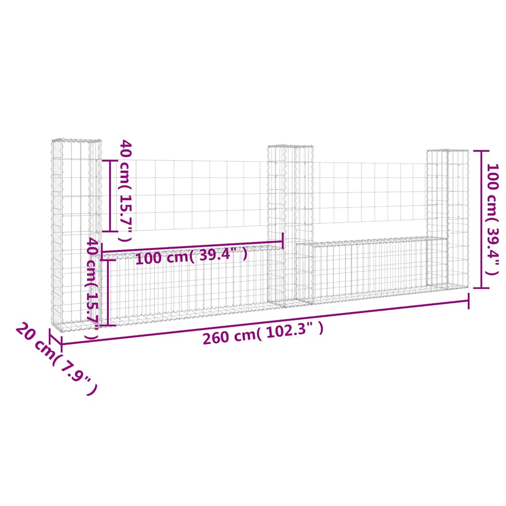 vidaXL Ogrodzenie gabionowe z 3 słupkami, żelazo, 260x20x100 cm