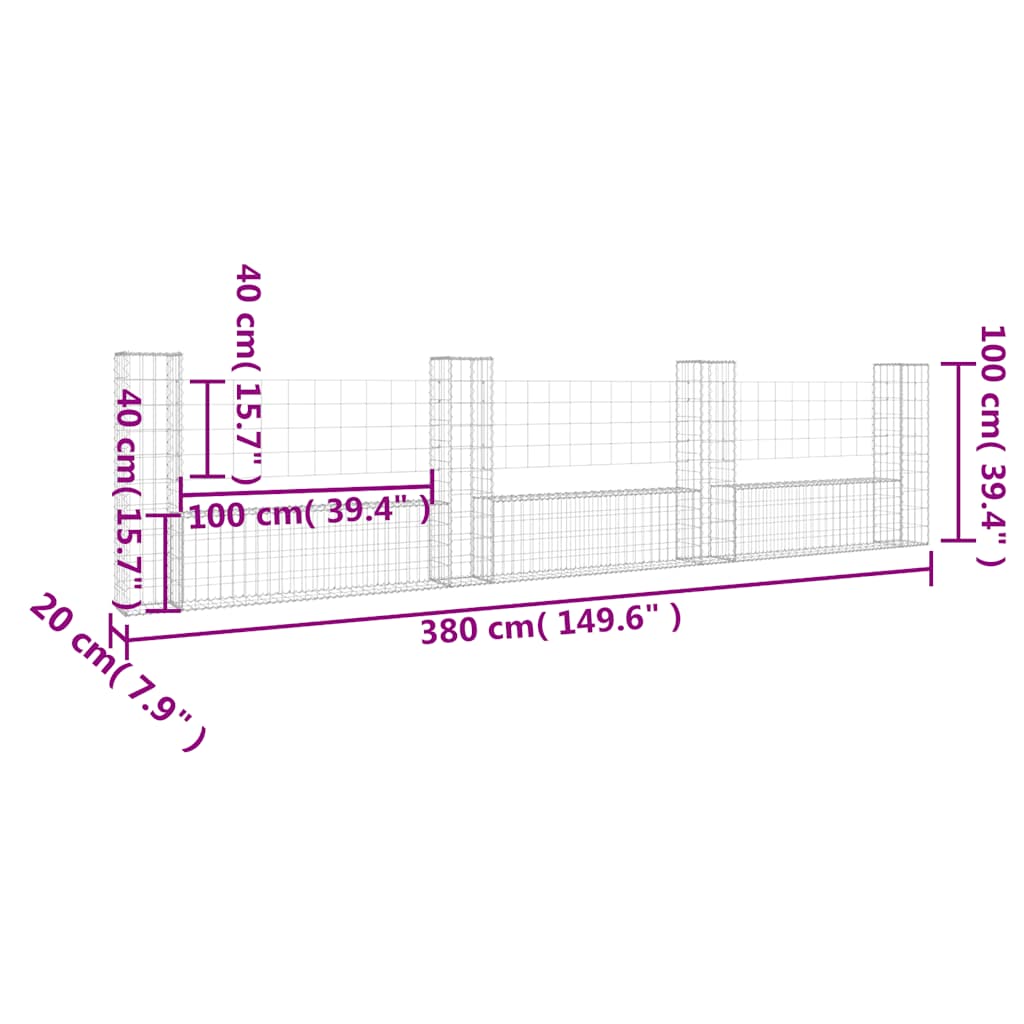 vidaXL Ogrodzenie gabionowe z 4 słupkami, żelazo, 380x20x100 cm