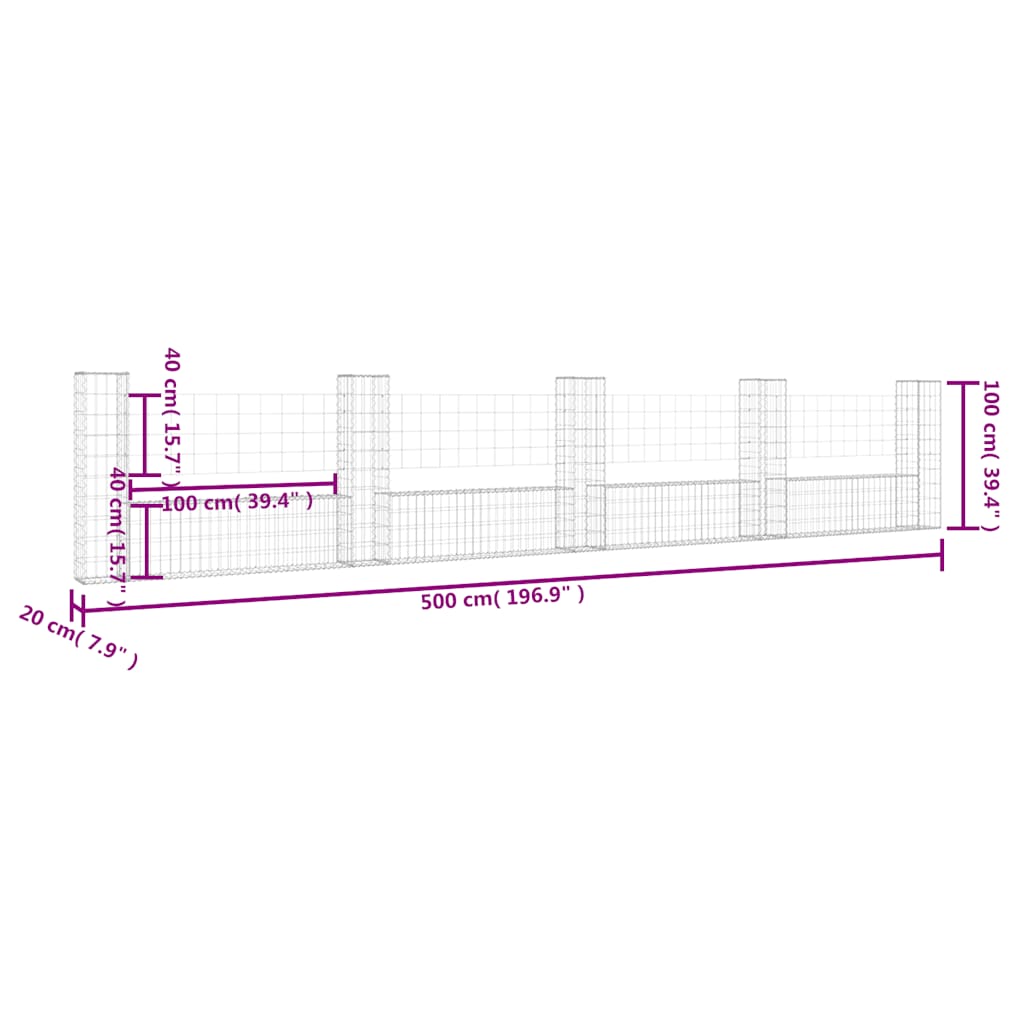vidaXL Ogrodzenie gabionowe z 5 słupkami, żelazo, 500x20x100 cm