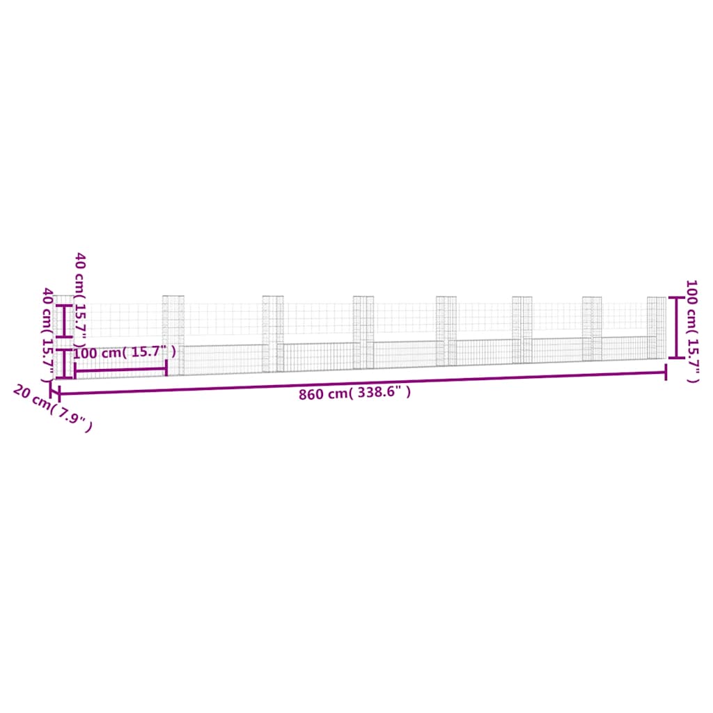 vidaXL Ogrodzenie gabionowe z 8 słupkami, żelazo, 860x20x100 cm