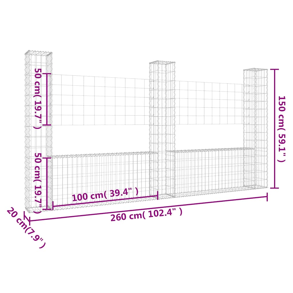 vidaXL 3 słupki gabionowe U-kształtne, 260x20x150 cm, żelazne