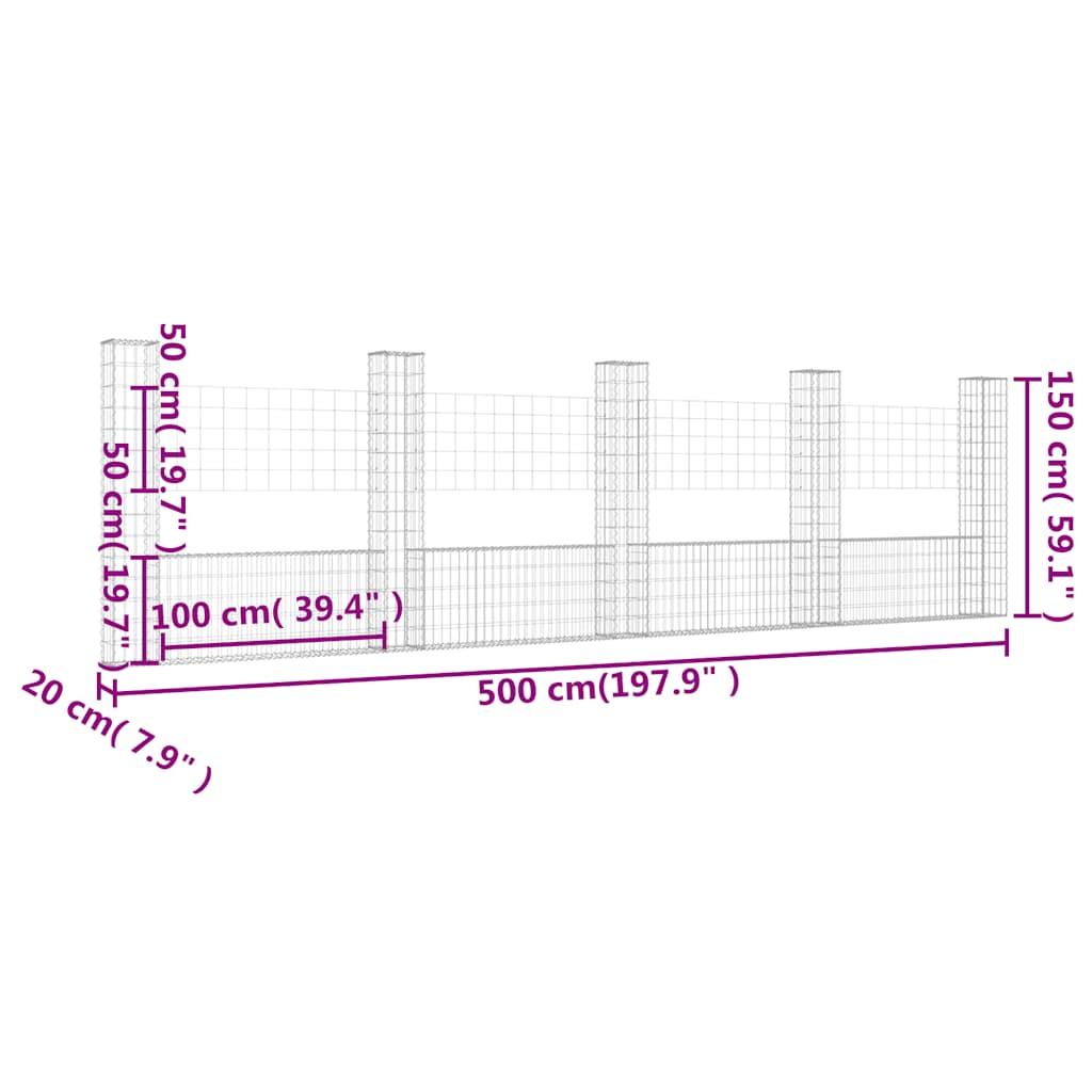 vidaXL 5 słupków gabionowych U-kształtnych, 500x20x150 cm, żelaznych