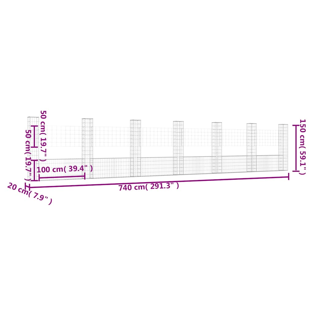 vidaXL Ogrodzenie gabionowe z 7 słupkami, żelazo, 740x20x150 cm