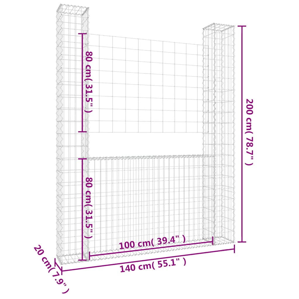 vidaXL Ogrodzenie gabionowe z 2 słupkami, żelazo, 140x20x200 cm