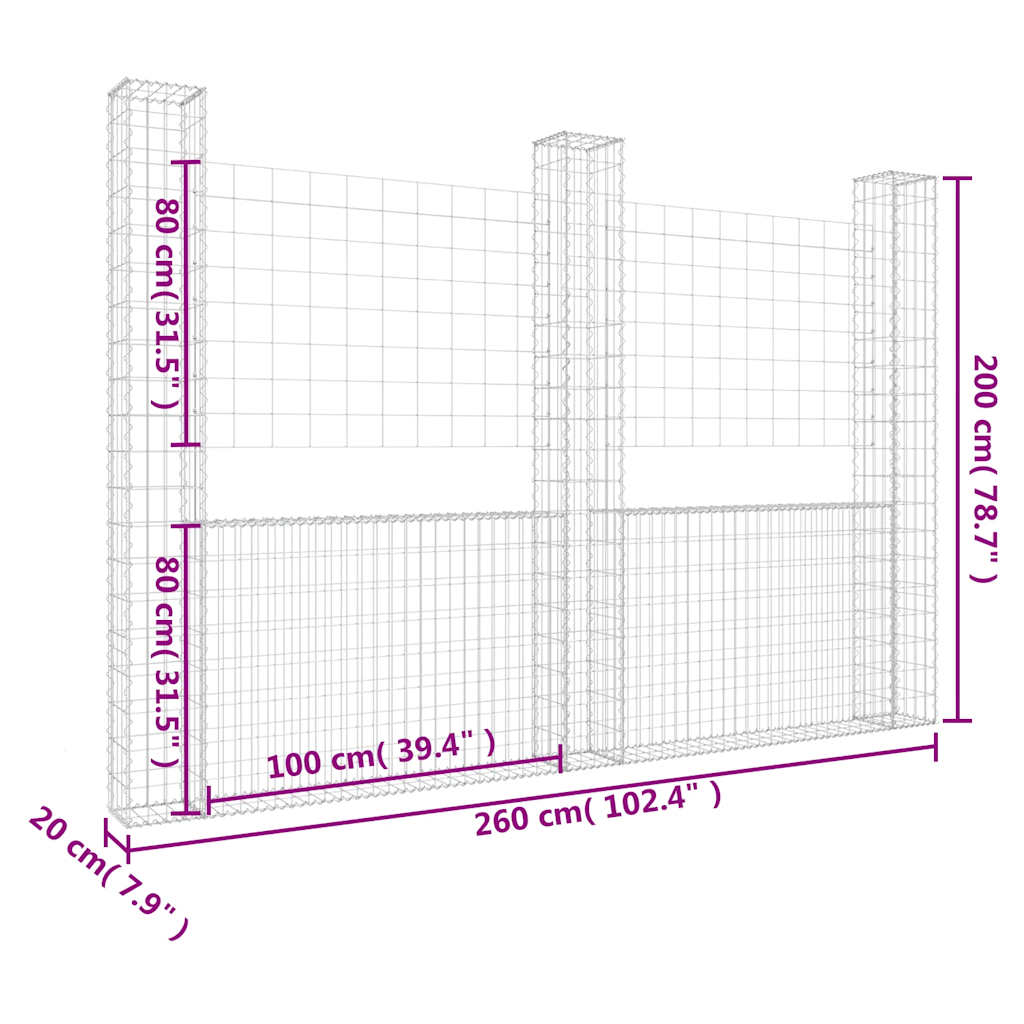vidaXL Ogrodzenie gabionowe z 3 słupkami, żelazo, 260x20x200 cm