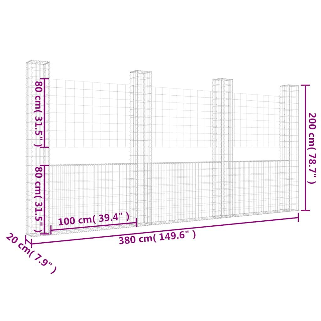 vidaXL Ogrodzenie gabionowe z 4 słupkami, żelazo, 380x20x200 cm