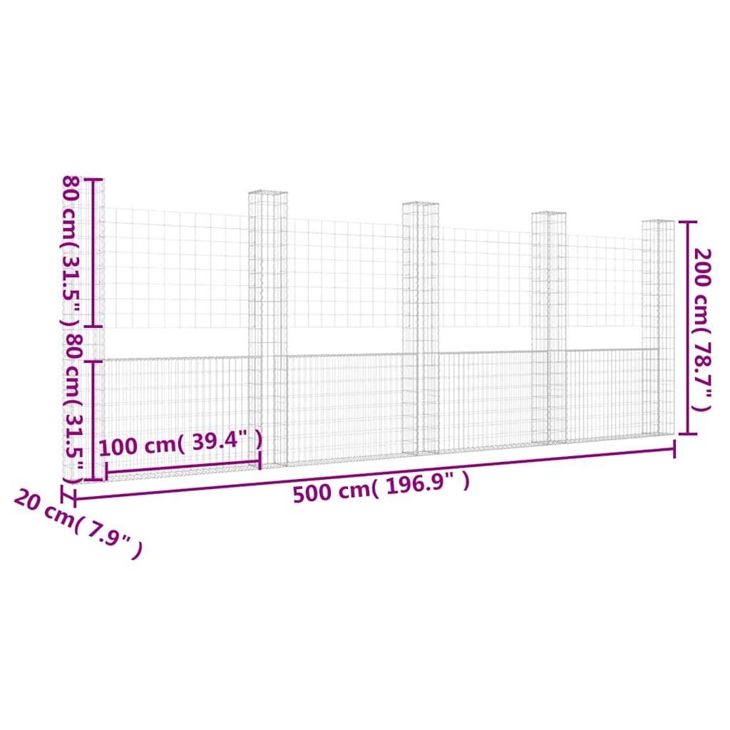 vidaXL Ogrodzenie gabionowe z 5 słupkami, żelazo, 500x20x200 cm