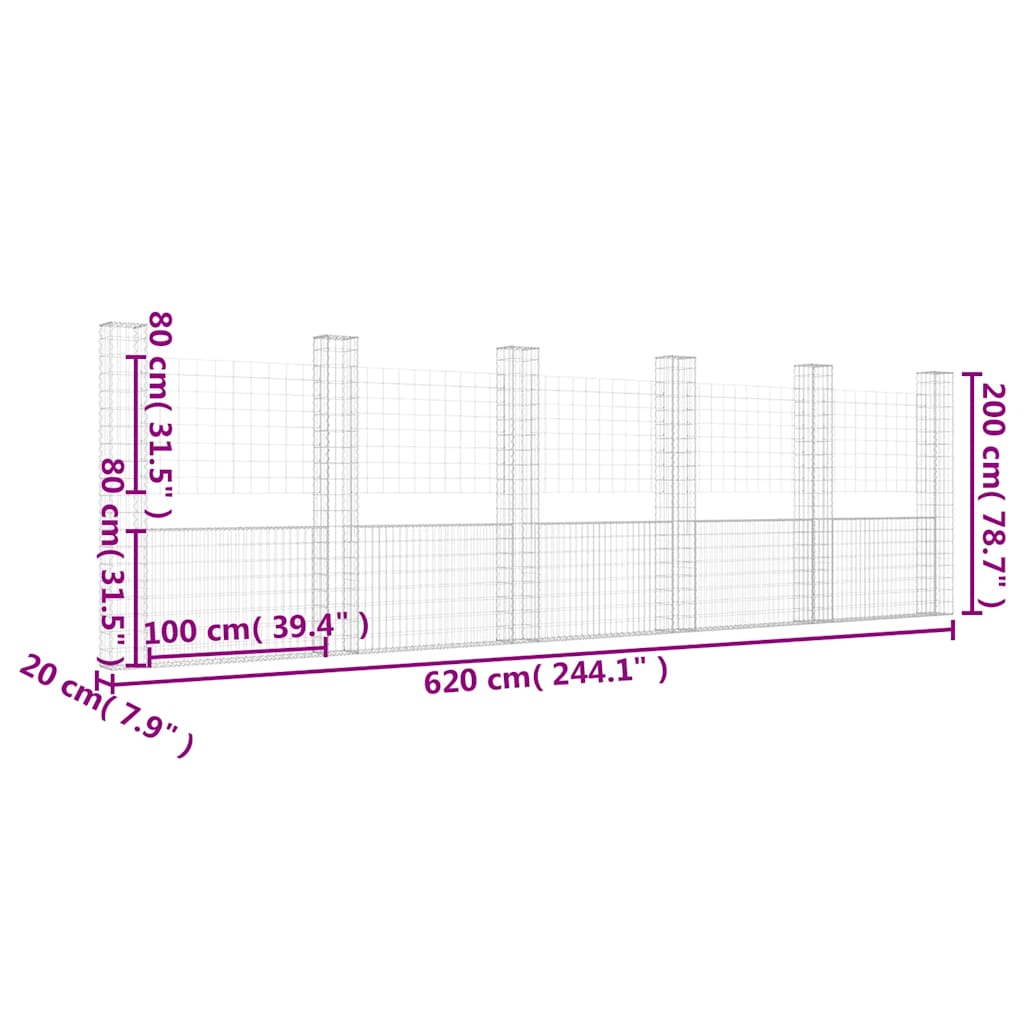 vidaXL Ogrodzenie gabionowe z 6 słupkami, żelazo, 620x20x200 cm
