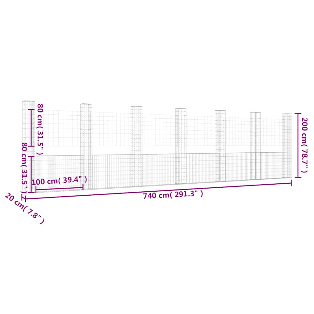 vidaXL Ogrodzenie gabionowe z 7 słupkami, żelazo, 740x20x200 cm