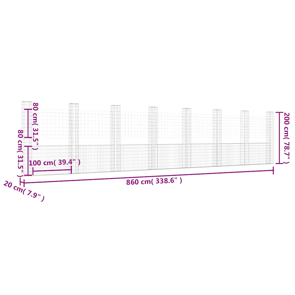 vidaXL Ogrodzenie gabionowe z 8 słupkami, żelazo, 860x20x200 cm
