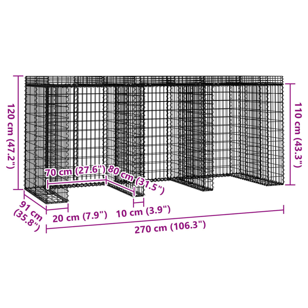 vidaXL Obudowa gabionowa do kosza na śmieci, 270x91x120 cm