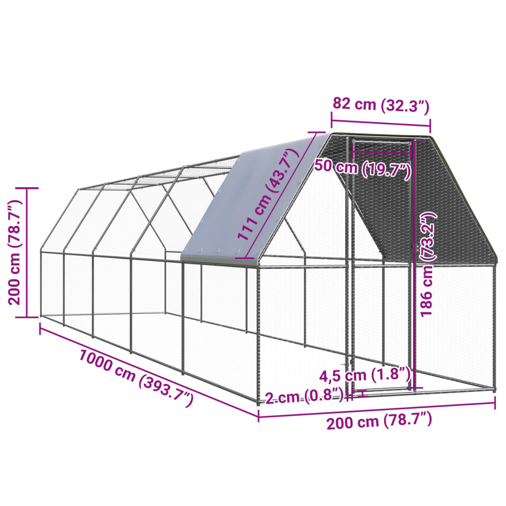vidaXL Klatka zewnętrzna dla kurcząt, 2x10x2 m, stal galwanizowana