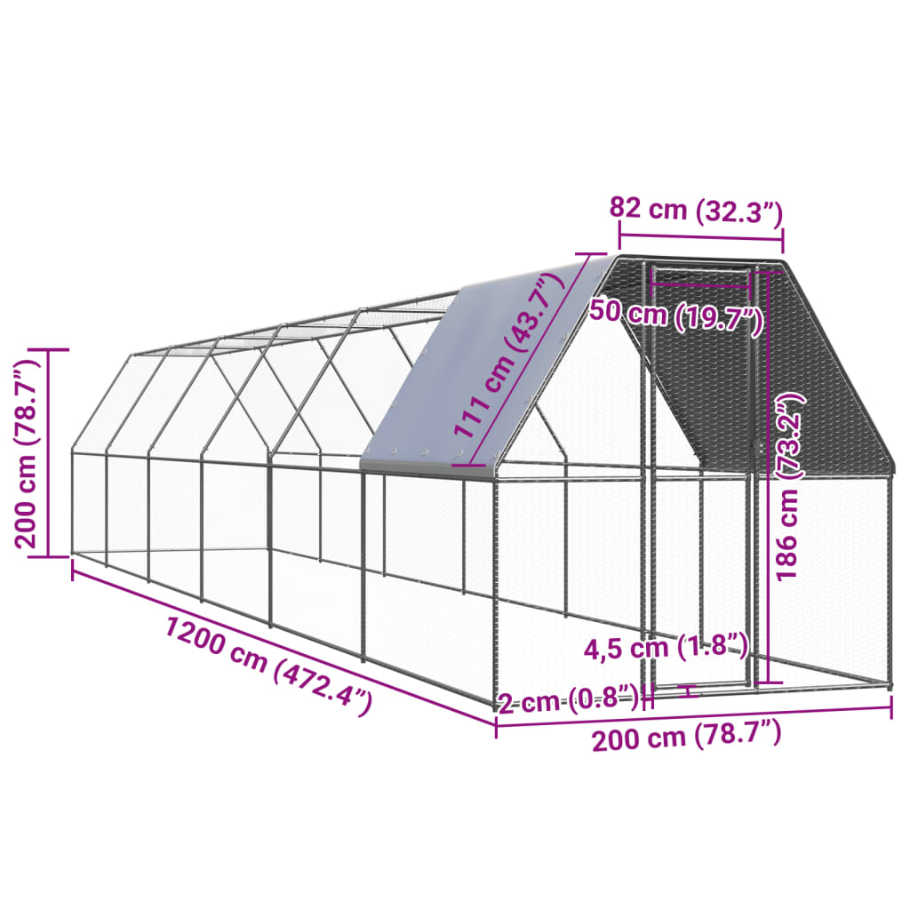 vidaXL Klatka zewnętrzna dla kurcząt, 2x12x2 m, stal galwanizowana