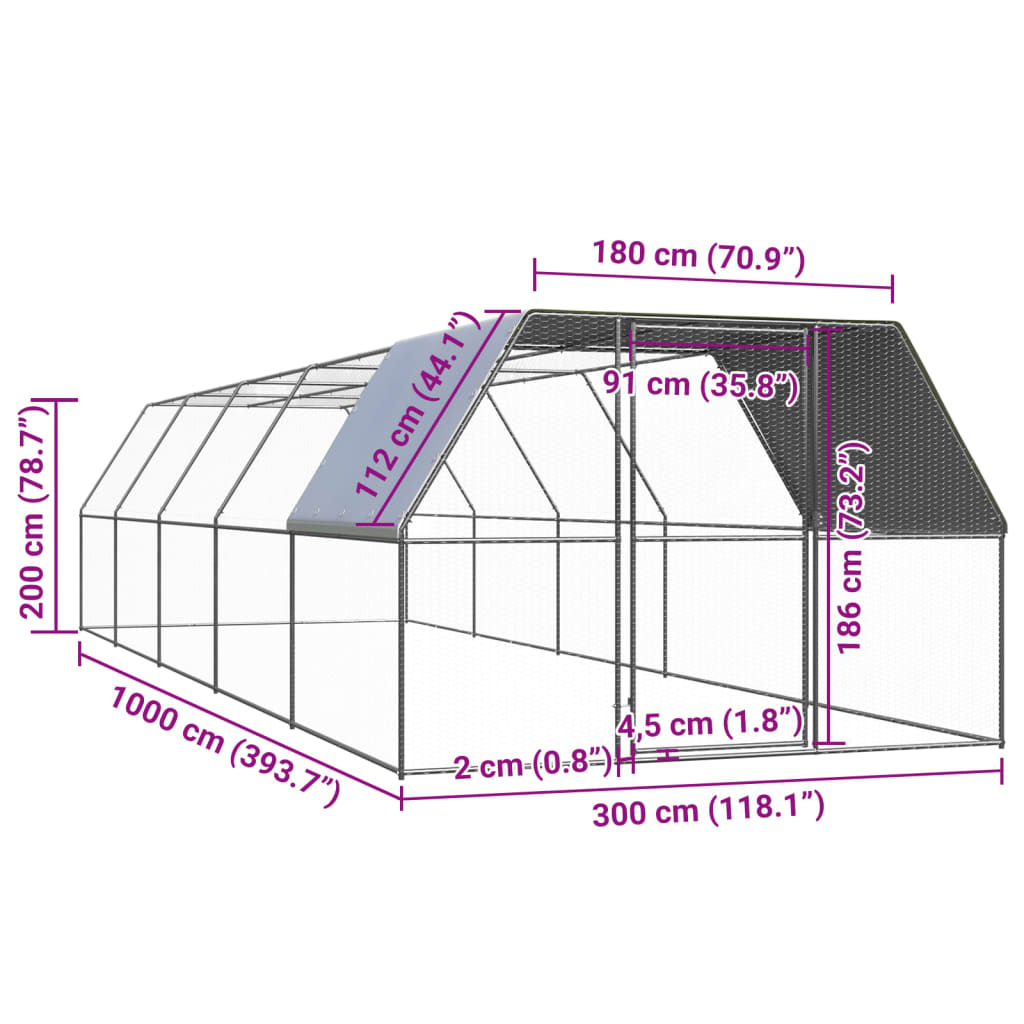 vidaXL Klatka zewnętrzna dla kurcząt, 3x10x2 m, stal galwanizowana