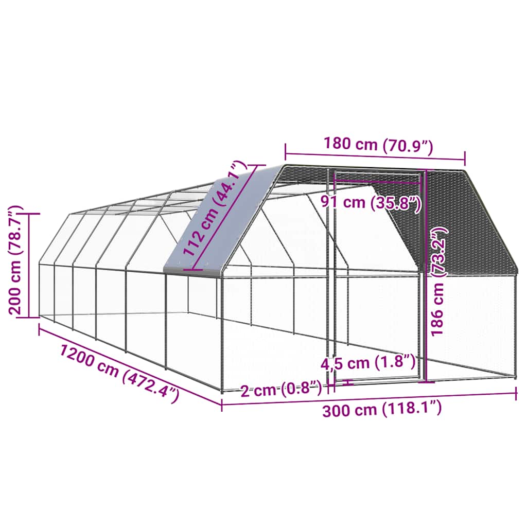 vidaXL Klatka zewnętrzna dla kurcząt, 3x12x2 m, stal galwanizowana