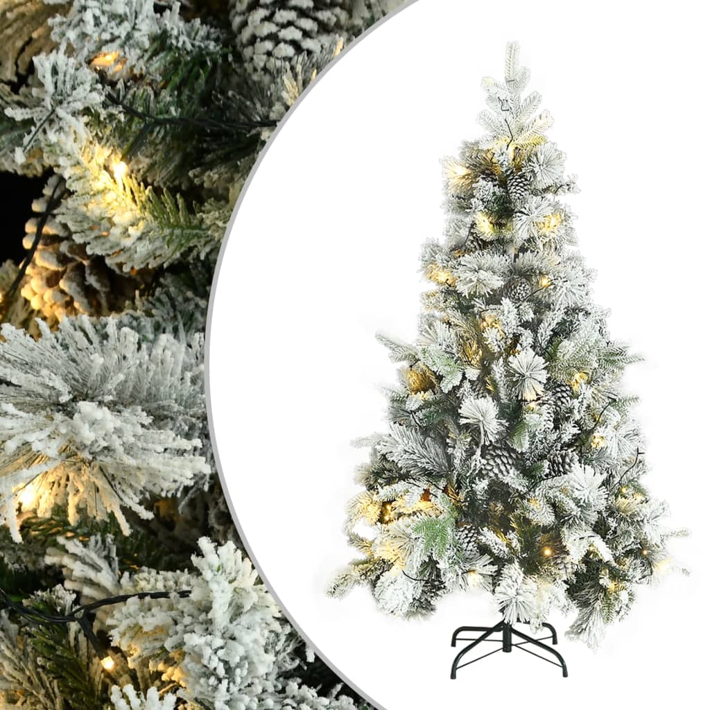 vidaXL Choinka flokowana śniegiem z szyszkami i lampkami 195 cm PVC/PE