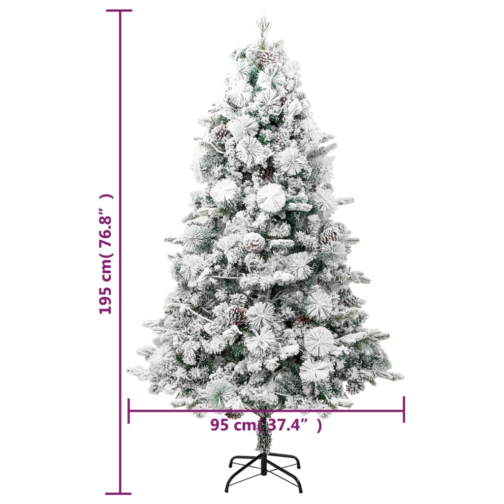 vidaXL Choinka flokowana śniegiem z szyszkami i lampkami 195 cm PVC/PE