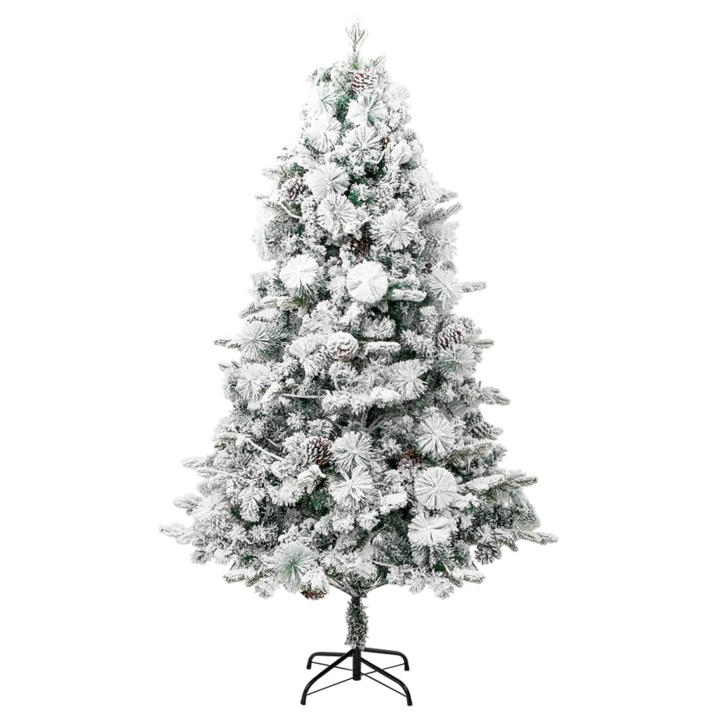 vidaXL Choinka flokowana śniegiem z szyszkami i lampkami 195 cm PVC/PE