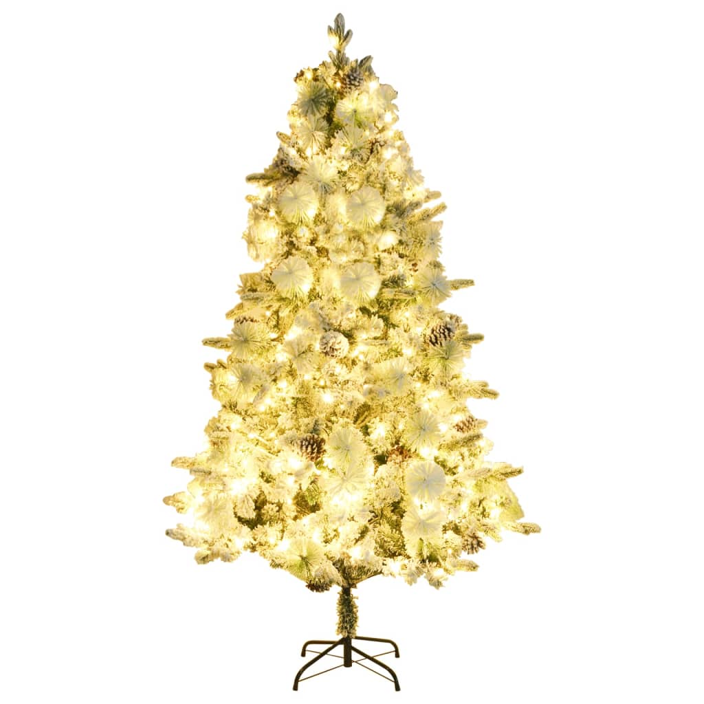 vidaXL Choinka flokowana śniegiem z lampkami i szyszkami 225 cm PVC/PE