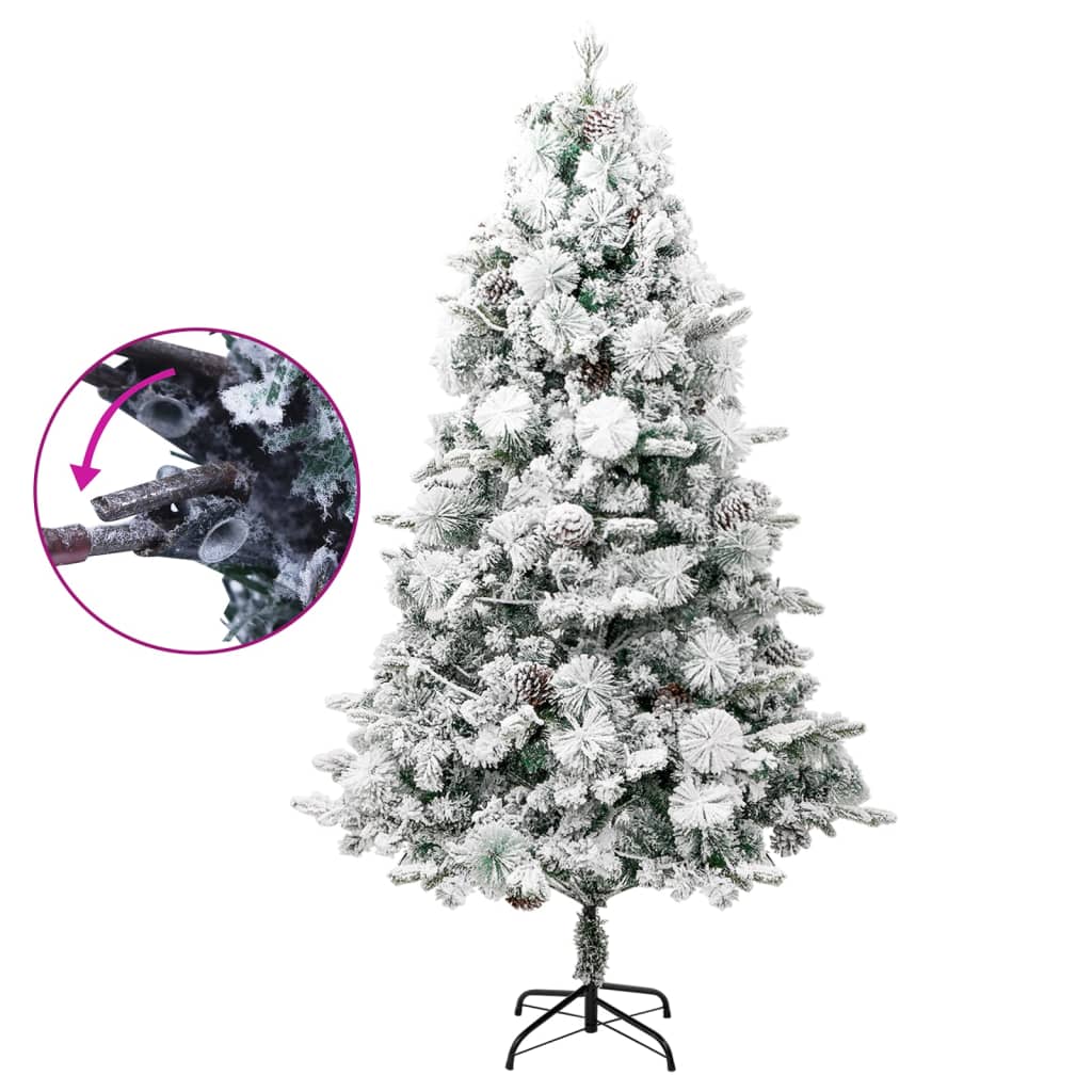 vidaXL Choinka flokowana śniegiem z lampkami i szyszkami 225 cm PVC/PE