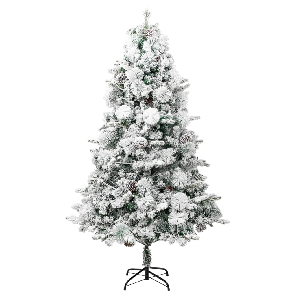 vidaXL Choinka flokowana śniegiem z lampkami i szyszkami 225 cm PVC/PE
