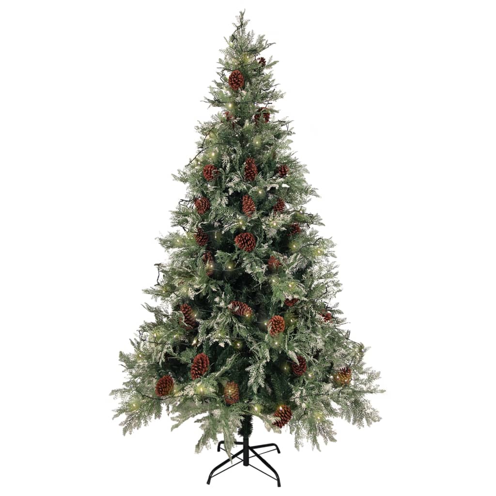 vidaXL Choinka z lampkami i szyszkami, zielono-biała, 195 cm, PVC/PE