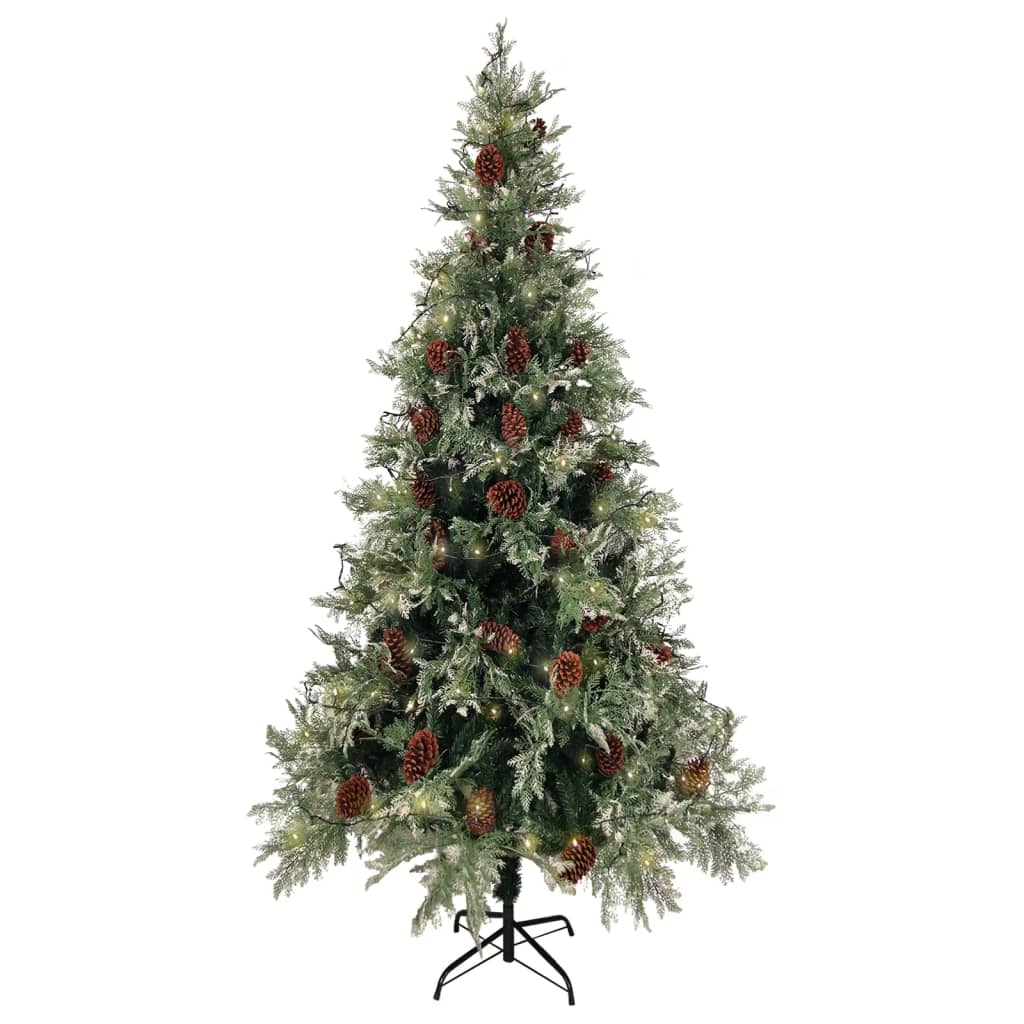 vidaXL Choinka z lampkami i szyszkami, zielono-biała, 225 cm, PVC/PE