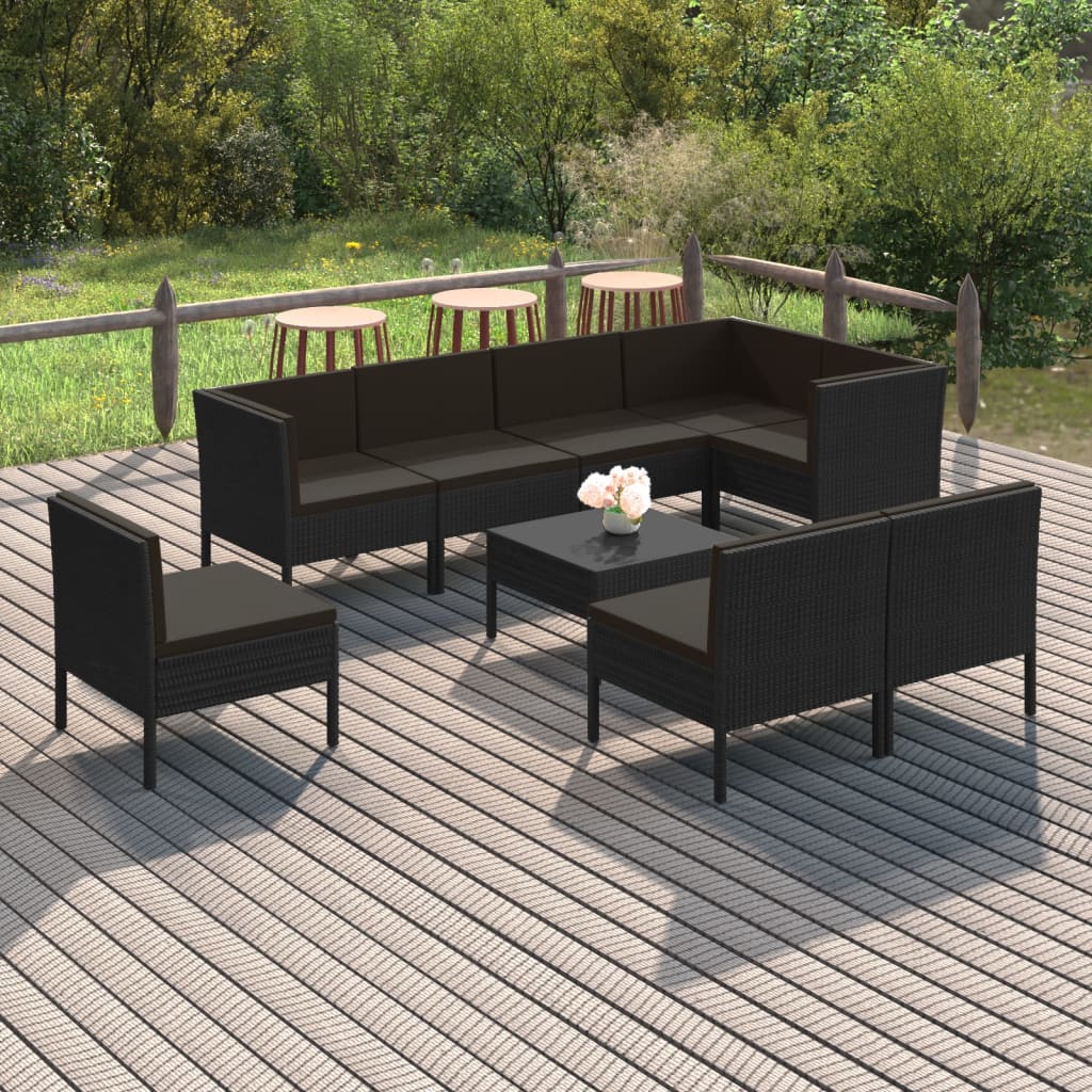 vidaXL 9-cz. zestaw wypoczynkowy do ogrodu, poduszki, czarny rattan PE