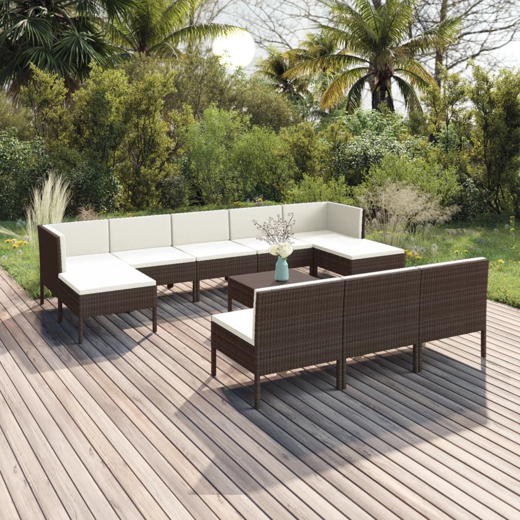 vidaXL 11-cz. zestaw wypoczynkowy do ogrodu, poduszki, rattan PE, brąz