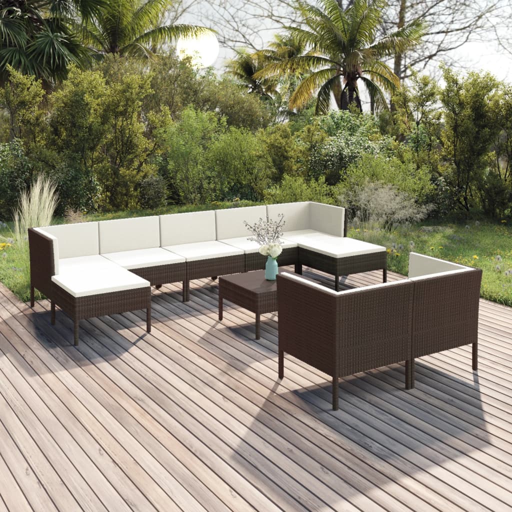 vidaXL 10-cz. zestaw wypoczynkowy do ogrodu, poduszki, rattan PE, brąz