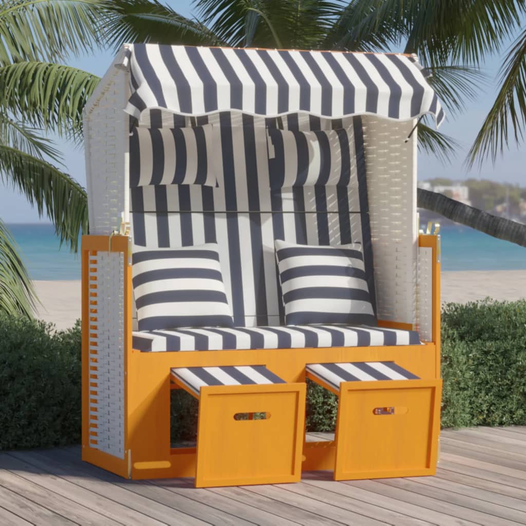 vidaXL Kosz plażowy z poduszkami, rattan PE i drewno, biało-niebieski
