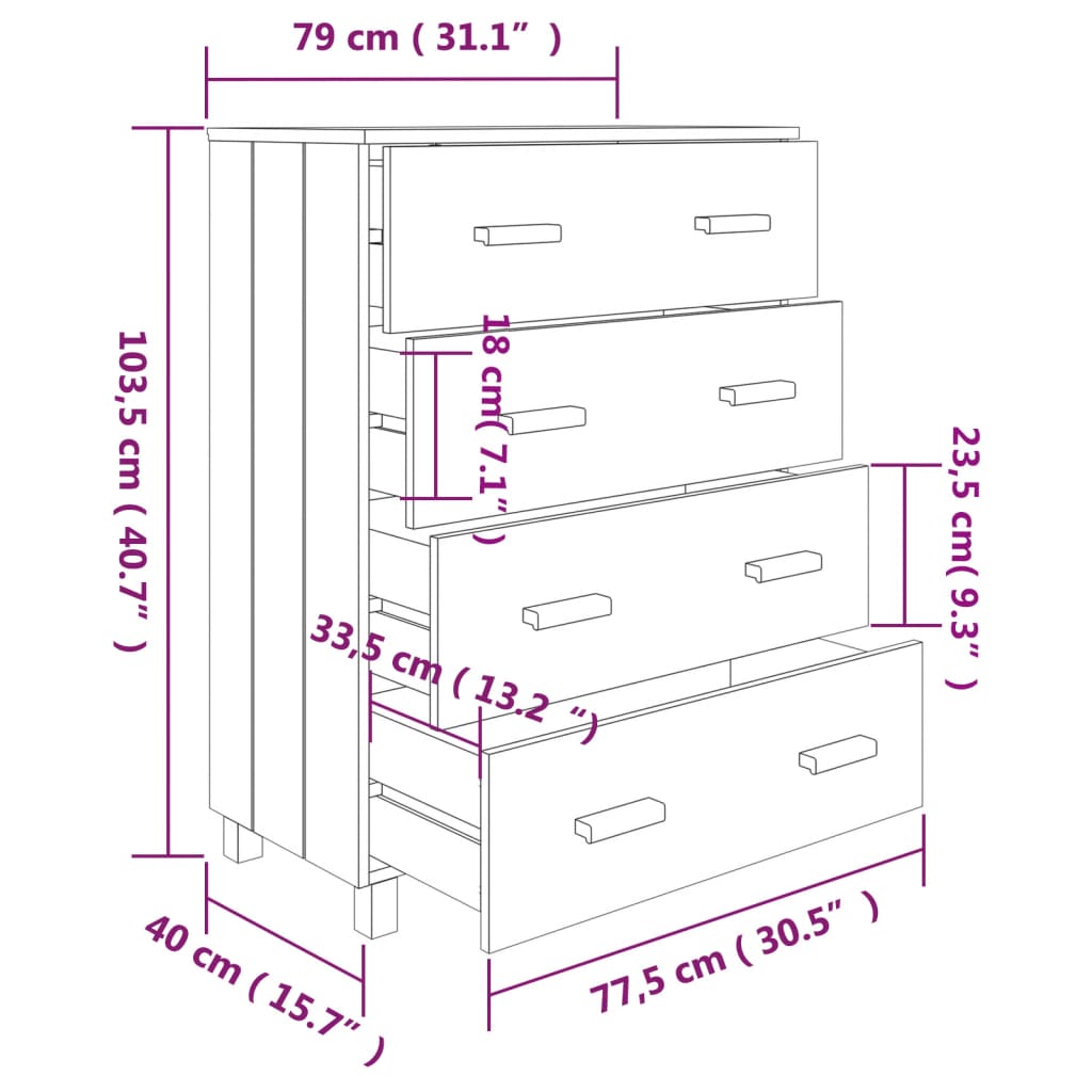 vidaXL Komoda HAMAR, biała, 79x40x103,5 cm, lite drewno sosnowe