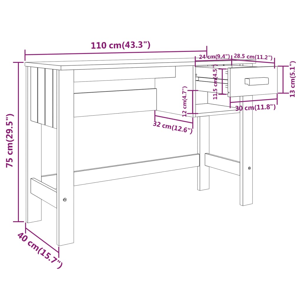vidaXL Biurko HAMAR, jasnoszare, 110x40x75 cm, lite drewno sosnowe