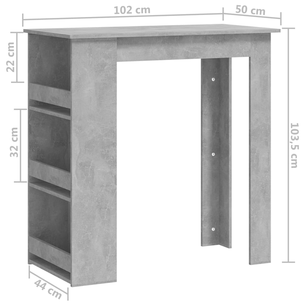 vidaXL Stolik barowy ze schowkiem, szarość betonu, 102x50x103,5 cm,