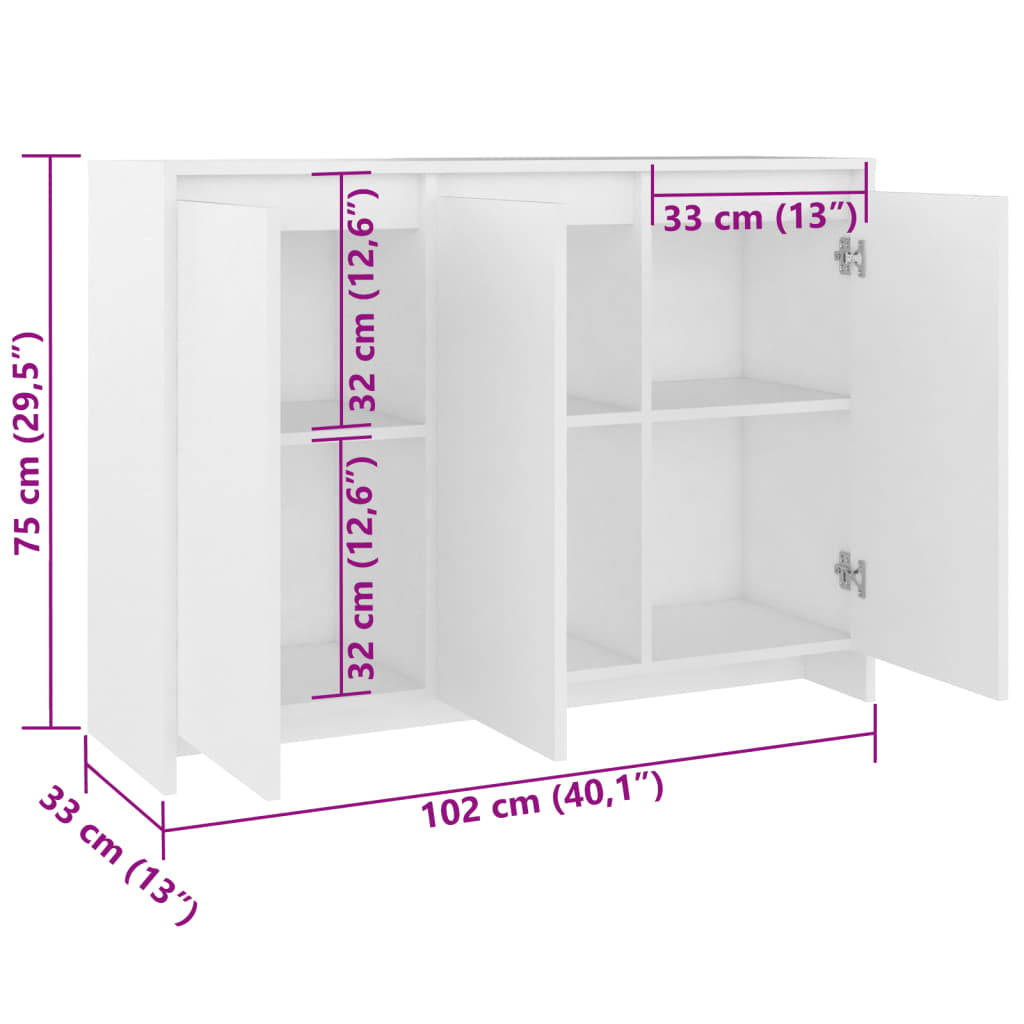 vidaXL Komoda, biała, 102x33x75 cm, materiał drewnopochodny